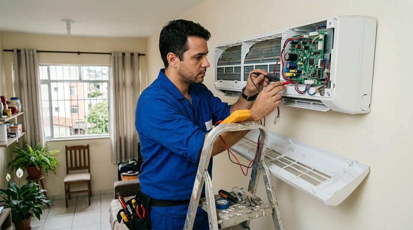 Eletricista ligando a placa do ar-condicionado split em Campinas‑SP